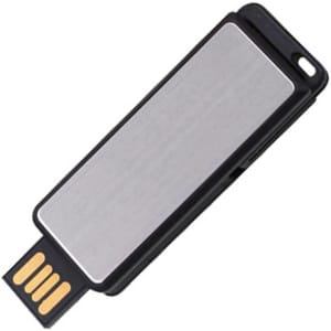 A sleek black and silver flash drive with a metallic finish and a connector at one end.