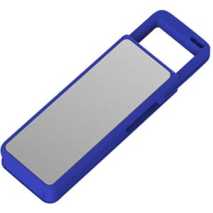 A blue flash drive with a metallic silver panel, featuring a logo on the surface.