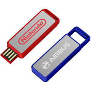 A red and blue flash drive with branding on both sides, featuring a USB connector.