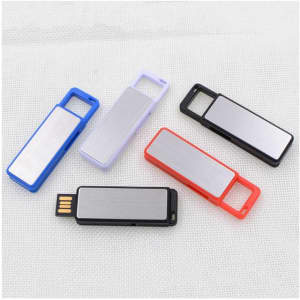 Five flash drives in blue, purple, red, black, and silver, featuring a metallic surface and various casing colours.