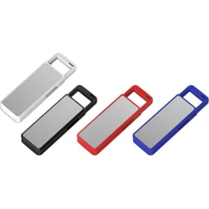A collection of four flash drives in white, black, red, and blue, featuring a metallic surface and a logo.