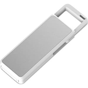A sleek, silver and white Castula flash drive with a textured surface and a loop for easy attachment.