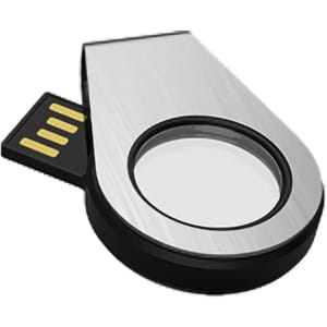 A sleek silver and black flash drive with a rounded design and a visible USB connector.