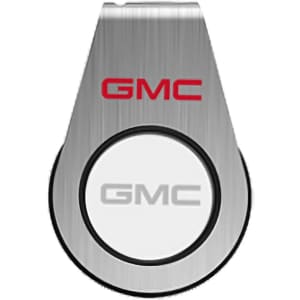 A silver flash drive with a circular white section and logos, featuring a sleek, modern design.