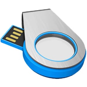 A light-up flash drive with a sleek silver and blue design, featuring a round connector and a branding logo.