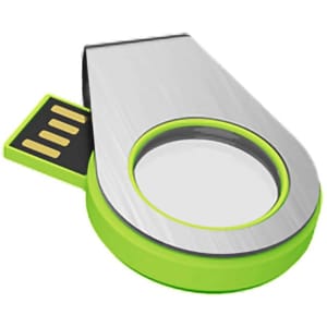 A green and silver light-up flash drive with a circular design and retractable connector, featuring a logo.