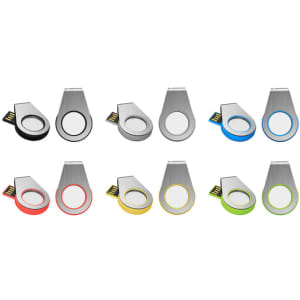 A collection of light-up flash drives in black, silver, red, blue, green, and yellow with a circular design and branding.