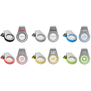 A collection of flash drives in various colours including red, blue, green, and grey, featuring multiple logos on them.