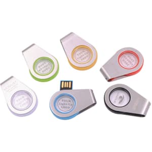 A collection of six light-up flash drives in silver with coloured accents, featuring various logos on the surface.