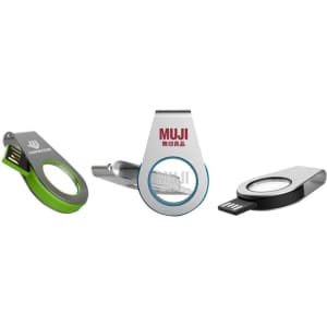 Three light-up flash drives in black, green, and silver, featuring logos and a sleek design.