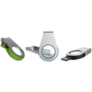 Three flash drives in various colours: black, silver, and green. Each features a circular design with a central opening and a logo.
