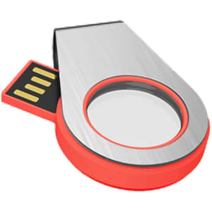 A red and silver light-up flash drive with a circular design and USB connector. It features a branding logo.