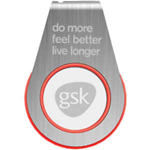 A silver and red flash drive with a circular design and a logo. Features text in a sleek font.