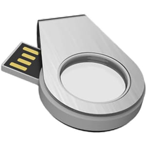 A silver light-up flash drive with a swivel design and a built-in USB connector. It features a logo on the surface.