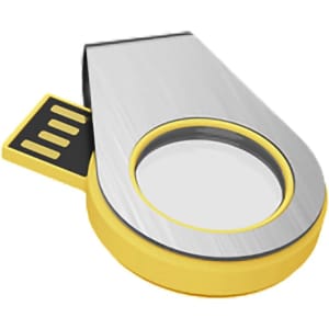 A light-up flash drive with a silver and yellow design, featuring a circular connector and a sleek shape.