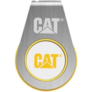 A metallic flash drive with a yellow and white circular design, featuring a logo.