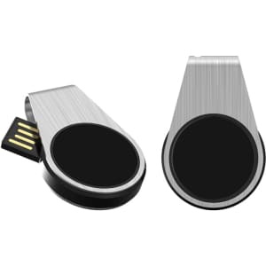 A silver and black Monika LED flash drive featuring a sleek design and a branding logo.