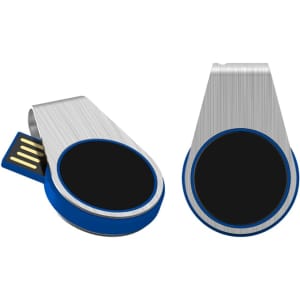 A blue and silver LED flash drive with a retractable connector and a circular black area on the front.