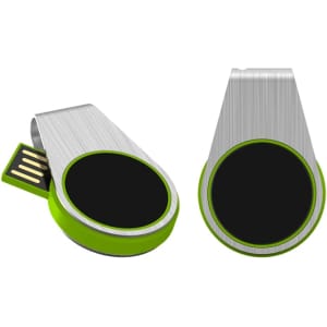 A silver and green LED flash drive with a round design, featuring a black area and a hidden USB connector.