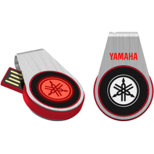 A silver and red LED flash drive with a logo, featuring a swivel design and USB connector.