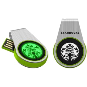 A green and silver LED flash drive with a circular logo, featuring a branding logo on one side.
