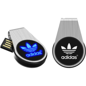 A sleek silver LED flash drive with a black logo, featuring a blue glowing light.