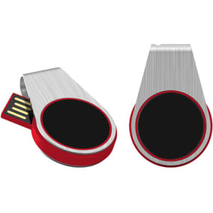 A silver and red LED flash drive with a circular black section and a retractable USB connector.