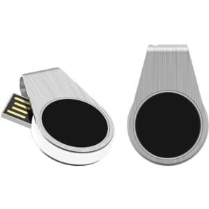 A silver and black Monika LED flash drive with a sleek design and a logo displayed on it.