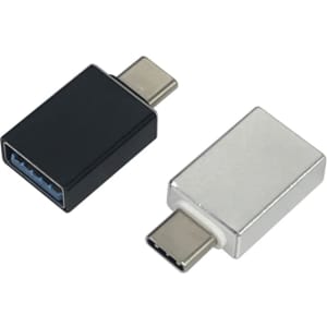 A black and silver USB 3.0 to Type-C adapter with a logo, featuring two distinct colour options.