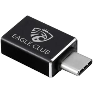 A black USB 3.0 to Type-C adapter with a metallic connector and a logo on the side.