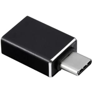A black USB 3.0 to Type-C adapter with a sleek design and a metallic connector. Features a logo on the body.