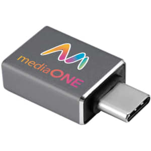 A grey USB 3.0 to Type-C adapter with a branding logo on one side.