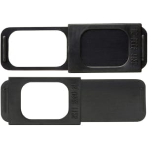 A black webcam cover slide with a sliding mechanism, featuring two pieces for easy camera privacy.