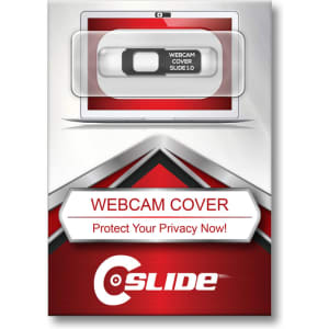 A webcam cover slide in black and white, displayed on a silver background with a logo.