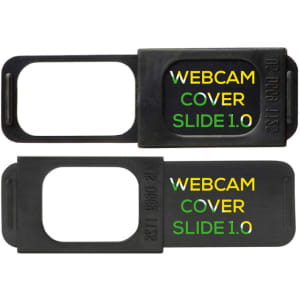 A black webcam cover slide with a rectangular opening, featuring a logo and text in green and yellow.