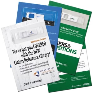 A set of promotional materials featuring a webcam cover, including brochures in various colours and designs.