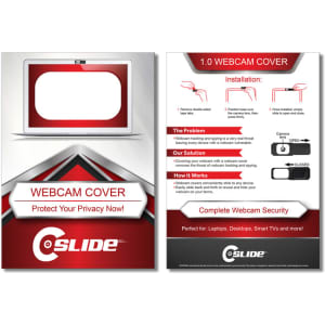 A promotional image featuring a red and white webcam cover product with an installation guide and branding.