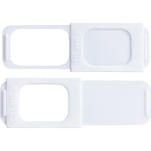 A white webcam cover slide with a rectangular opening, featuring a simple, sleek design.