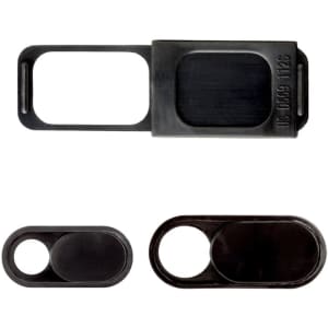 A set of three black webcam covers in varying sizes, featuring a sleek design. Each cover has a logo.