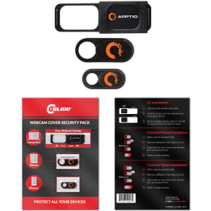 A webcam security cover pack featuring black devices for computers and phones, including installation instructions.