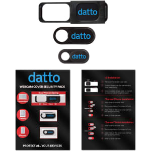 A black webcam cover security pack featuring three covers for computers and phones, with instructional cards.