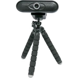 A black webcam camera mounted on a flexible tripod, featuring a textured surface and a lens.
