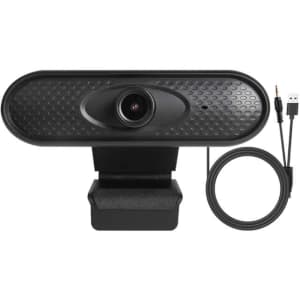 A black webcam camera with a textured design and attached USB and audio cables, mounted on a small stand.