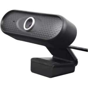 A black webcam camera with a circular lens and textured design, mounted on a swivel base.