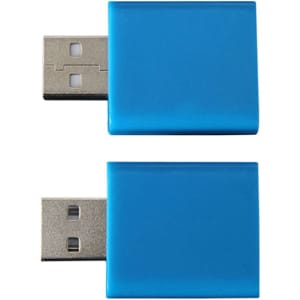 A blue USB data blocker featuring a rectangular design with metallic connectors on one end.