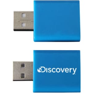 A blue USB data blocker featuring a silver connector and a logo on one side.