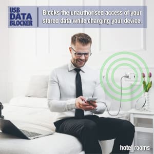 A USB data blocker in white, designed to prevent unauthorised data access while charging devices.