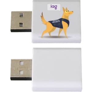 A white USB data blocker featuring a cartoon dog design and a logo.