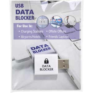 A USB data blocker in white packaging, featuring a logo, designed for tech use in various locations.