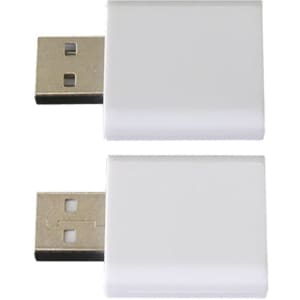 A pair of white USB data blockers with metallic connectors on one side, featuring a simple design.